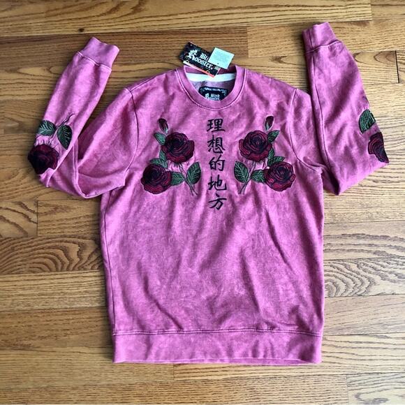 NWT RARE BLIND ROOSTER “Ideal Place”  Asian Red Rose Embroidered Sweatshirt M - Picture 1 of 10